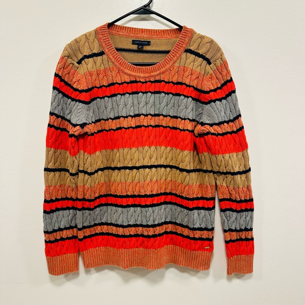 Tommy Hilfiger Orange and Tan Striped grandpa fall prep Crewneck Sweater Size XL